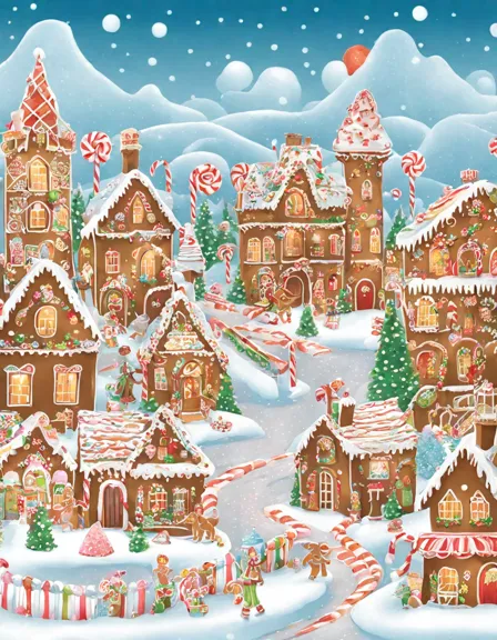 coloring page featuring a gingerbread village with candy landscapes and gingerbread families in color
