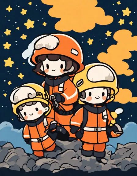 coloring page of firefighters battling a blaze under a starry, moonlit sky in color