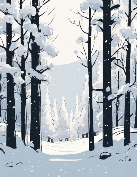 snow-laden forest coloring page with towering trees in serene winter wonderland in color