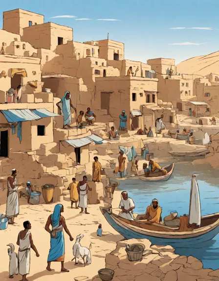 coloring page featuring ancient egyptian village life, with farmers, fishermen, and artisans in color