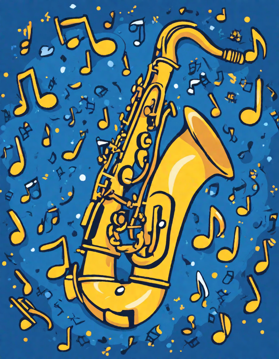 enchanting saxophone solo coloring page with intricate curves and shimmering bell, capturing the energy of live jazz in color