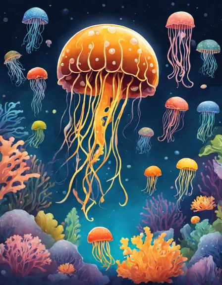 whimsical coloring book page featuring an array of jellyfish with unique patterns and vibrant colors in an enchanting underwater setting in color