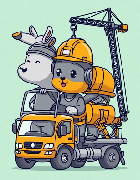 coloring page of a concrete mixer truck working at a construction site with workers and cranes in color