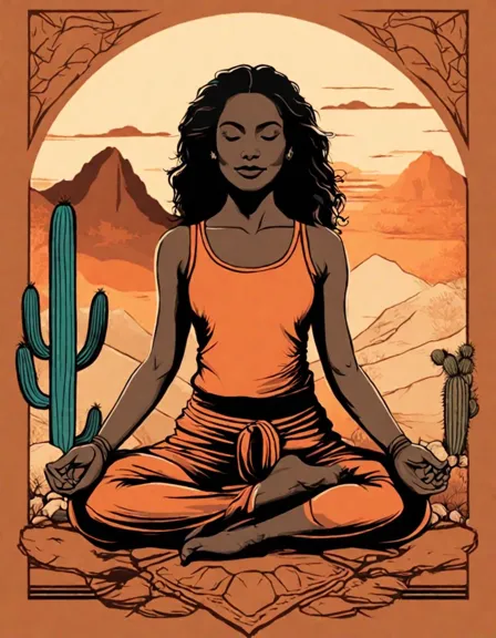 yoga journey through the desert coloring book illustration: a lone yogi in warrior ii pose in a desert landscape under a setting sun in color