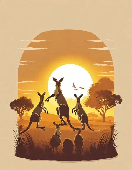 Coloring book image of family of kangaroos hopping in the australian outback at sunset with a joey in pouch in color