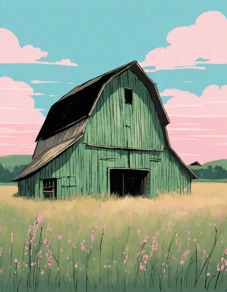 Coloring book image of rustic barn nestled amidst sprawling hayfields under tranquil pastel skies in color