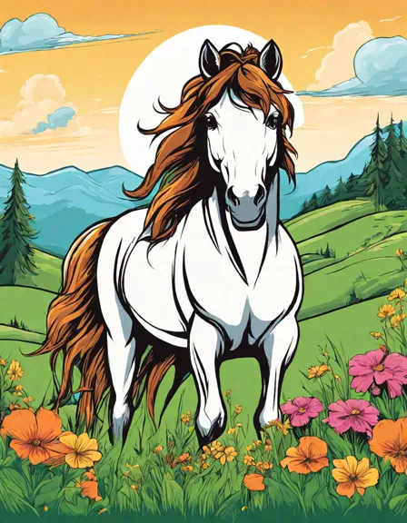 coloring page of a happy horse grazing in a sunny meadow with wildflowers in color