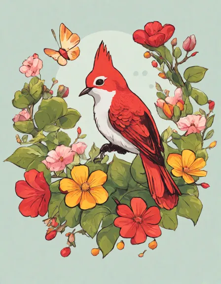 vibrant coloring page showcasing hummingbirds, cardinals, and a curious squirrel amidst blooming flowers and lush foliage in color
