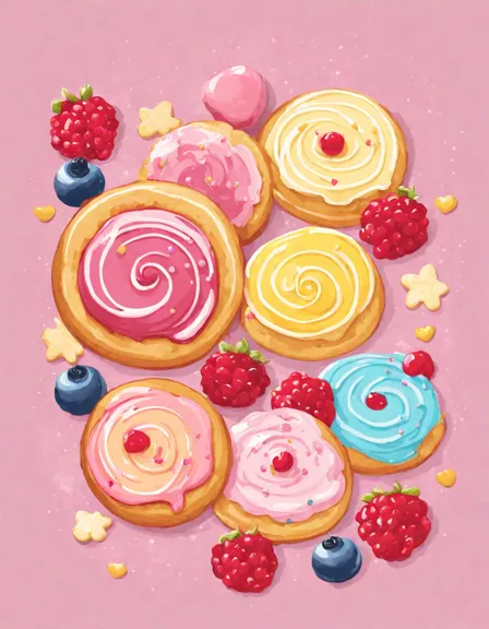 enchanting coloring page of sugary biscuit wonderland with delicate swirls, sprinkles, and vibrant berries in color