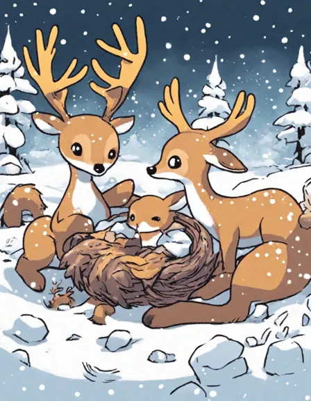Coloring book image of resilient deer braving winter storm, squirrels huddled together for warmth in cozy nests in color