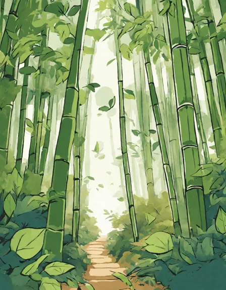 bamboo forest sanctuary coloring page with intricate shadows and fallen leaves in color