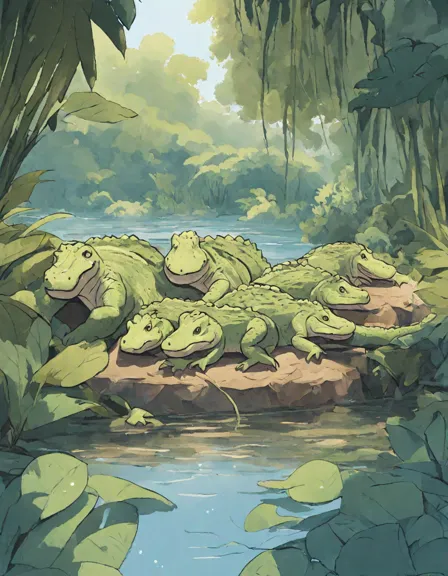 jungle safari coloring book scene of crocodiles sunbathing on a riverbank with lush foliage in color