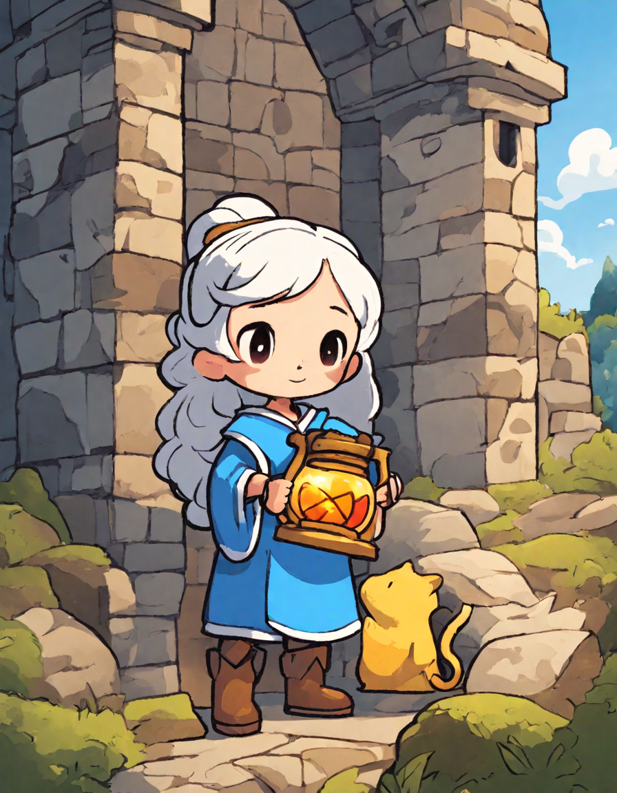 princess exploring ancient dungeon beneath castle with a lantern in a coloring book scene in color
