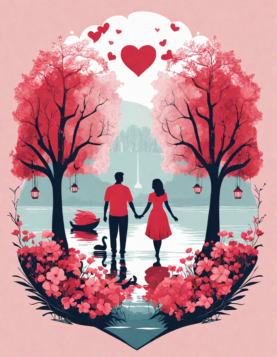 Coloring book image of couple walking hand in hand through the romantic park of love with heart-shaped trees and swans in color