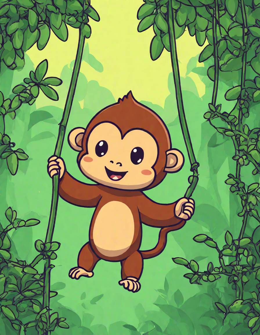 coloring page of playful monkeys swinging through the jungle, celebrating family and adventure in color