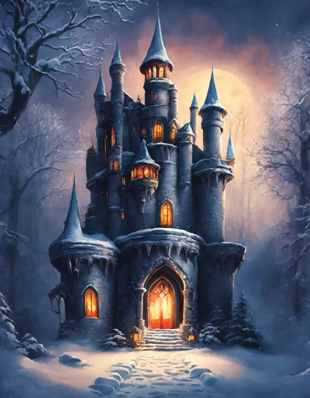 enchanted winter's majestic castle coloring scene with imposing turrets, glittering icicles, snow-laden walls amidst a serene winter wonderland in color