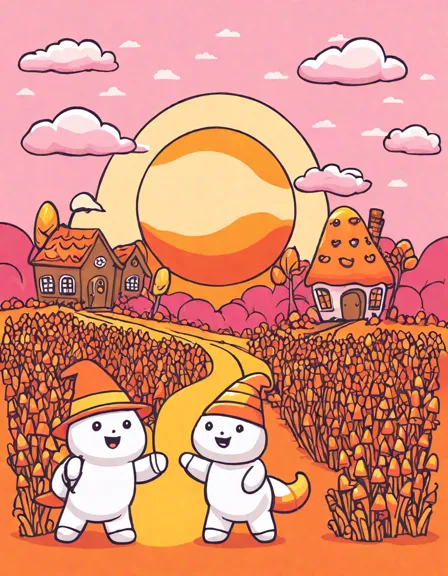 coloring book image of a vast candy corn field under a pink and orange sky, with children and whimsical creatures in color