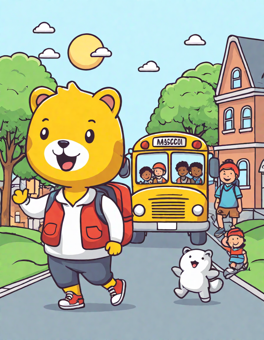 coloring book page of a school bus journey with students and changing scenery in color