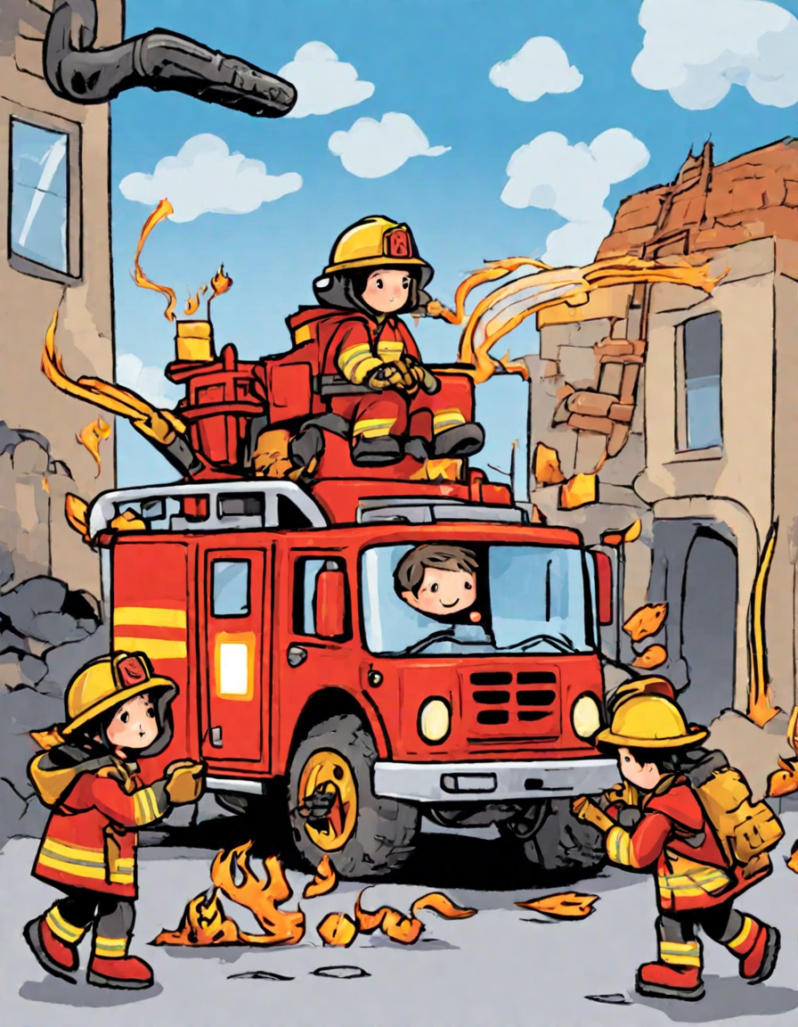 firefighters in gear battling a blaze in a coloring book scene, with fire truck and smoke in color