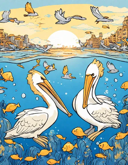 Coloring book image of group of pelicans diving into the sea against a sunset, showcasing dynamic wildlife in color