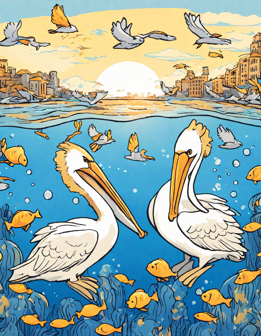 Coloring book image of group of pelicans diving into the sea against a sunset, showcasing dynamic wildlife in color