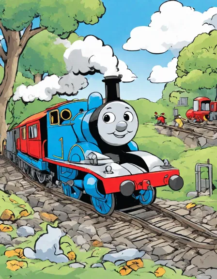 Coloring book image of edward the blue engine pulling the gordon express through a lush landscape in color