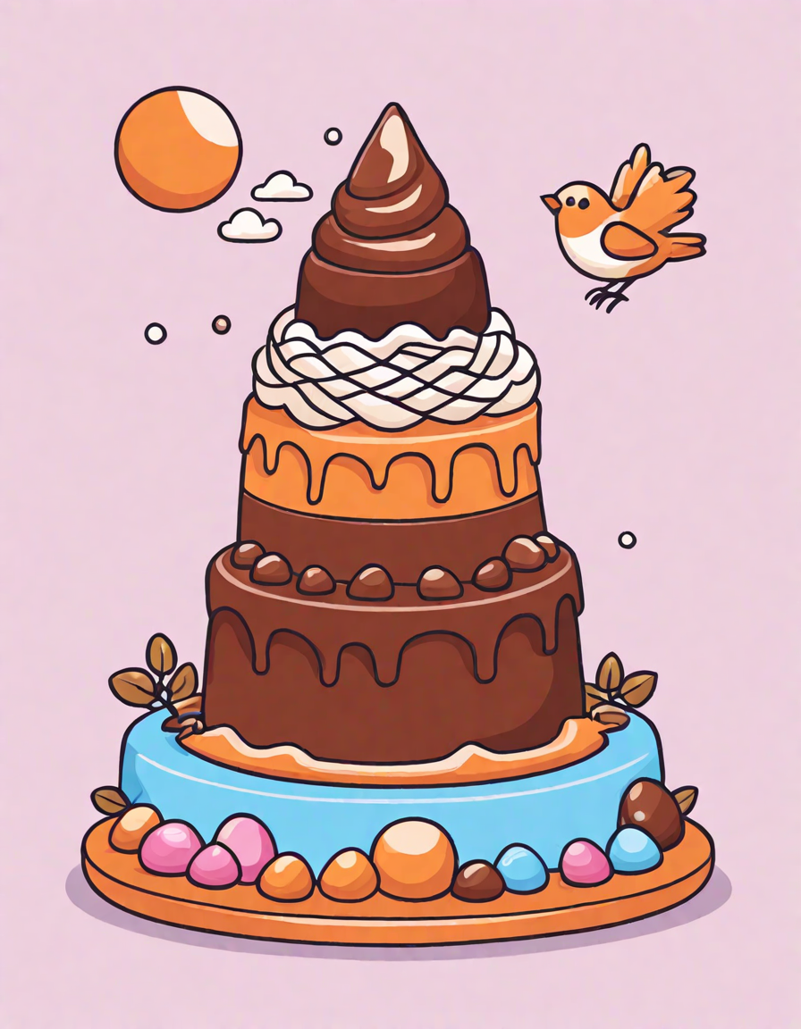 Coloring book image of fudge volcano in candy land with molten chocolate lava and caramel birds flying above in color