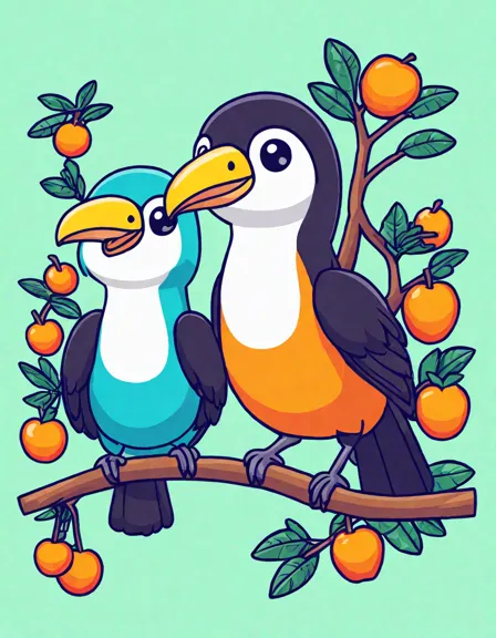 Coloring book image of majestic toucans with orange beaks on a fruit-laden rainforest tree in color