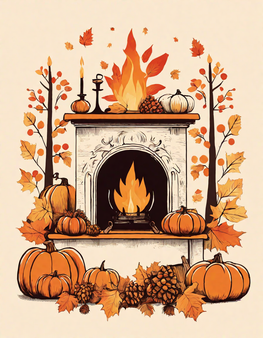 Coloring book image of family gathering around fireplace toasting marshmallows, with thanksgiving decorations in color