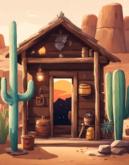 coloring book illustration of a wild west outlaw hideout in a secret canyon under a starlit sky in color