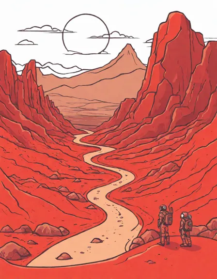 coloring page featuring the vast red landscapes, mountains, canyons, craters, and valleys of the planet mars in color