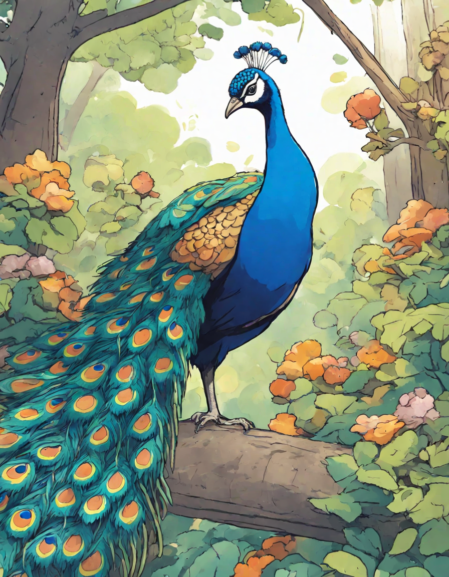 Coloring book image of peacock displaying colorful feathers at zoo with onlookers capturing the moment in color