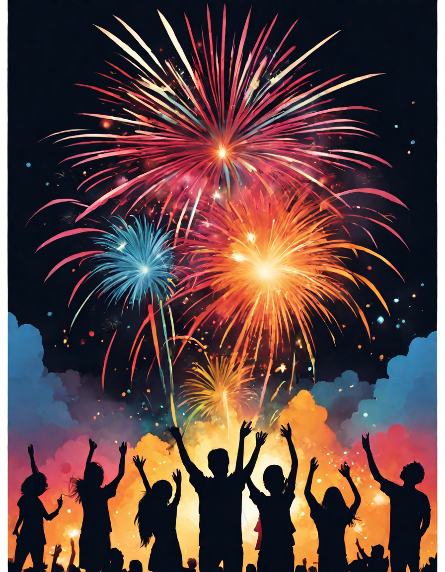 coloring page with detailed fireworks and silhouetted partygoers at a birthday celebration in color