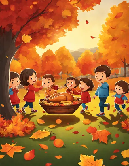 Coloring book image of family playing football in backyard with autumn leaves on thanksgiving day in color