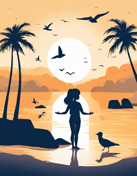 tranquil beach yoga scene with a figure in tree pose at sunset, waves, palm trees, and seagulls, perfect for coloring books in color