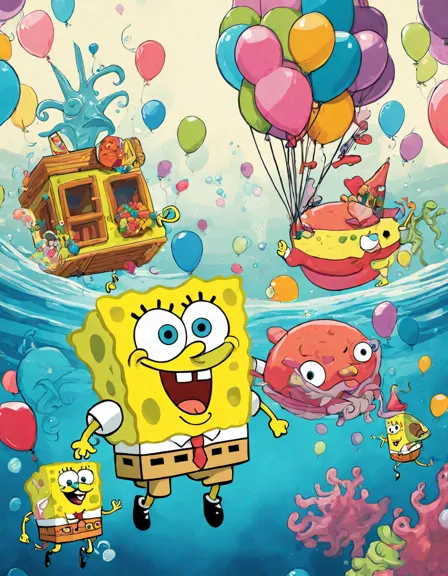 Coloring book image of spongebob squarepants and friends celebrate in vibrant bikini bottom party in color