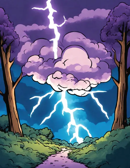 coloring page of a lightning bolt illuminating the sky during a nocturnal storm with trees and clouds in color