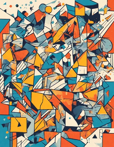 cubist coloring book page of abstract, geometric figures with bold lines in color