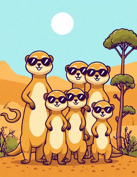 family of meerkats on lookout hill coloring page, set in the african savannah in color
