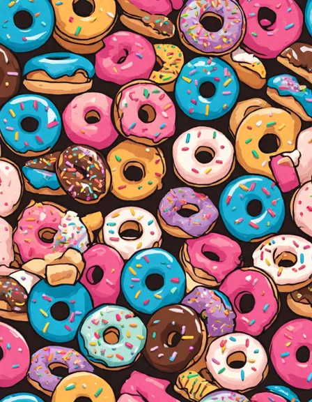 whimsical coloring page with adorable donuts adorned with frosting, sprinkles, and toppings in color