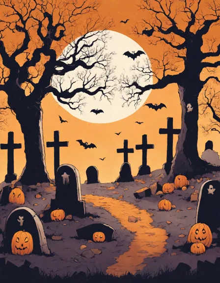 coloring book illustration of a spooky graveyard at twilight with shadowy figures and a misty path in color