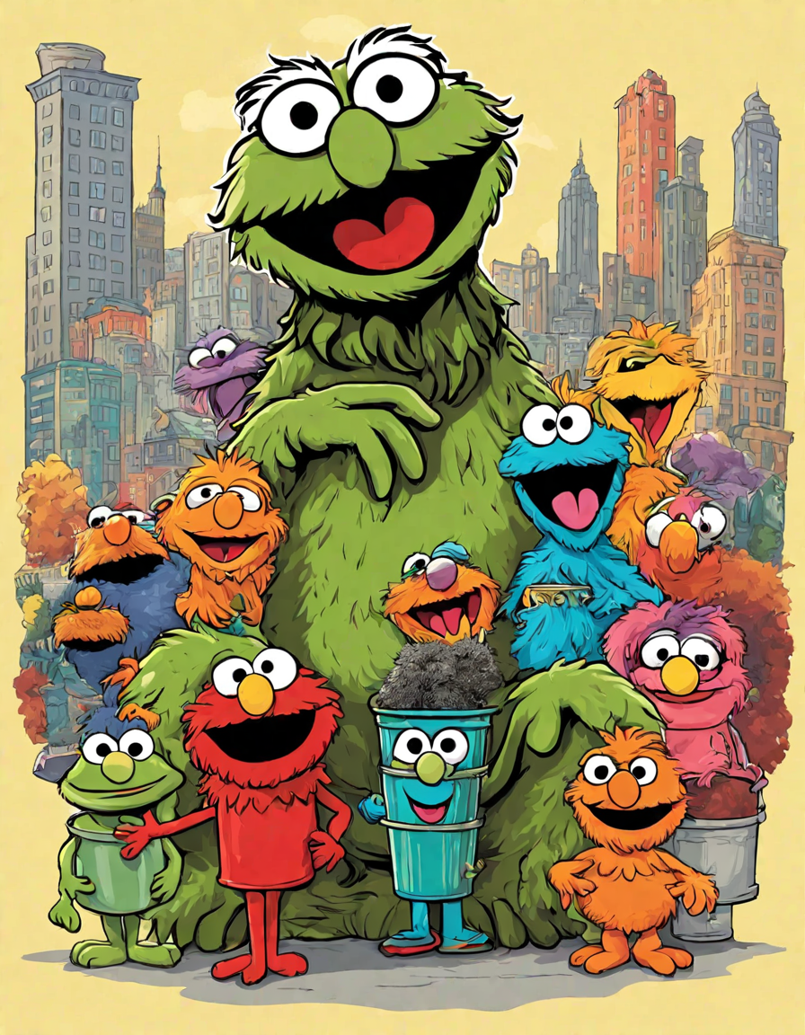 whimsical coloring page featuring oscar the grouch's trash can, playful puppets, and iconic sesame street characters in color