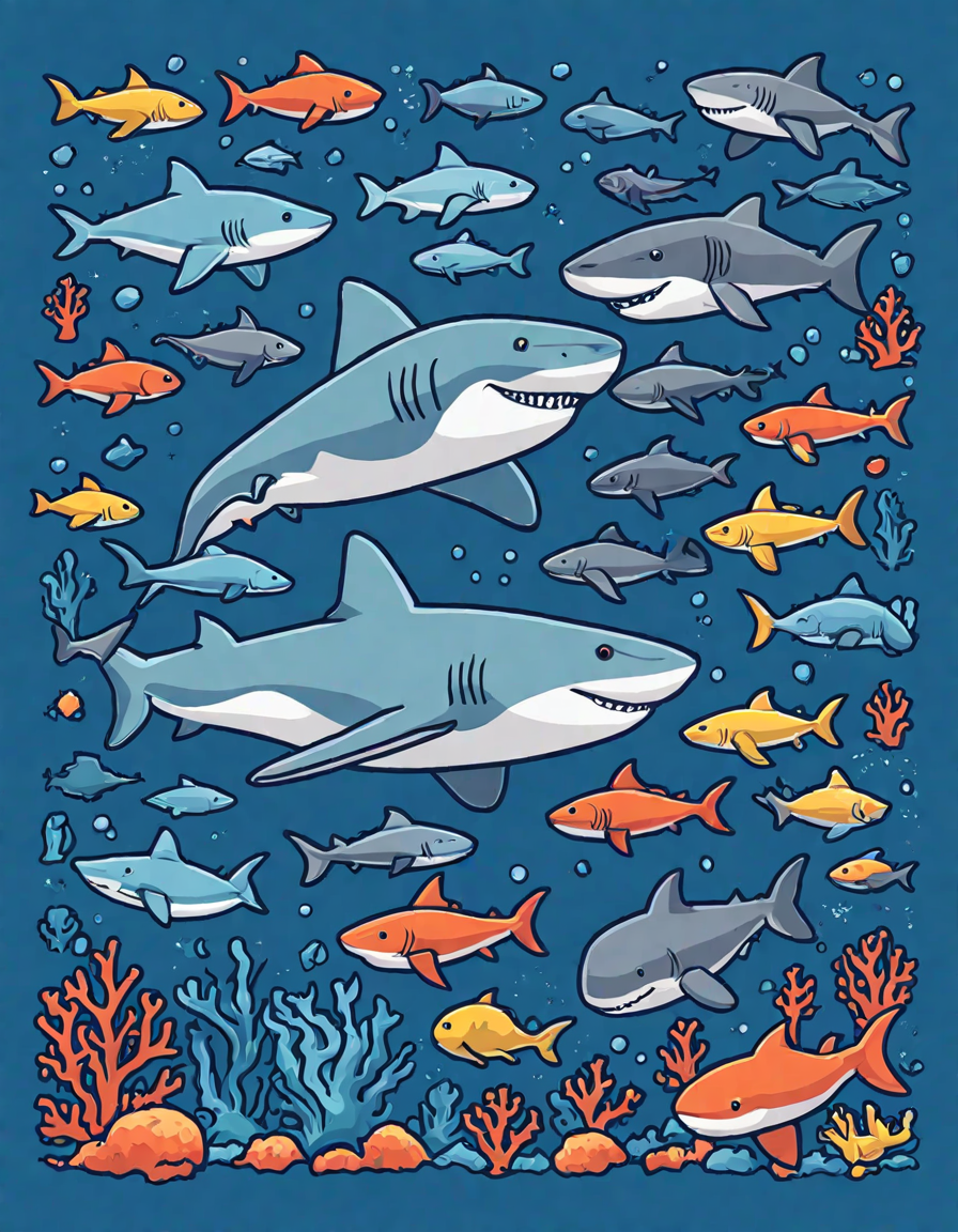 coloring book page featuring various sharks and marine life in a complex underwater scene in color