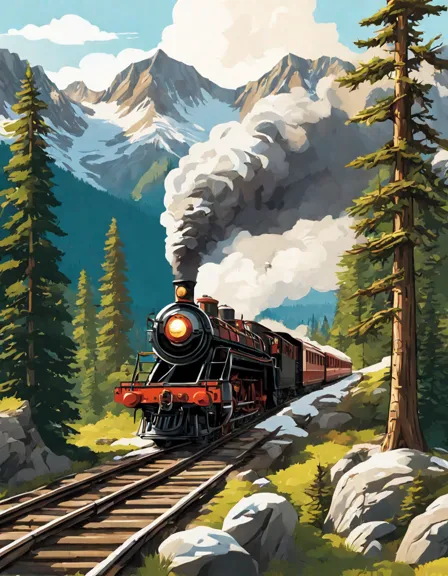 coloring book image of steam engines in the rocky mountains with wildlife and snow-capped peaks in color