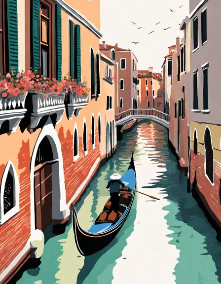 coloring page of gondolas in venice with historic buildings on the sides in color