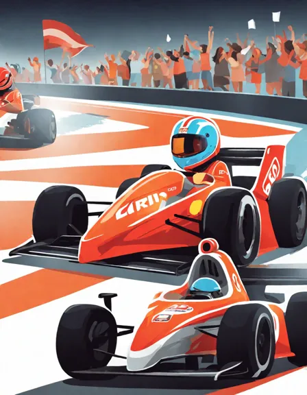 dynamic formula racing coloring book image with cars on track and cheering crowd in color