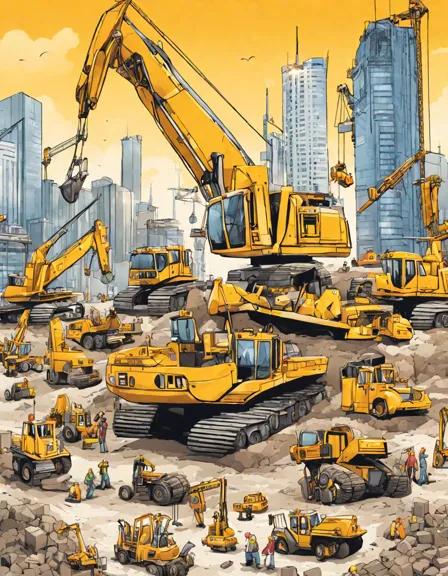 coloring book page featuring construction vehicles and a rising skyscraper, titled the symphony of construction in color