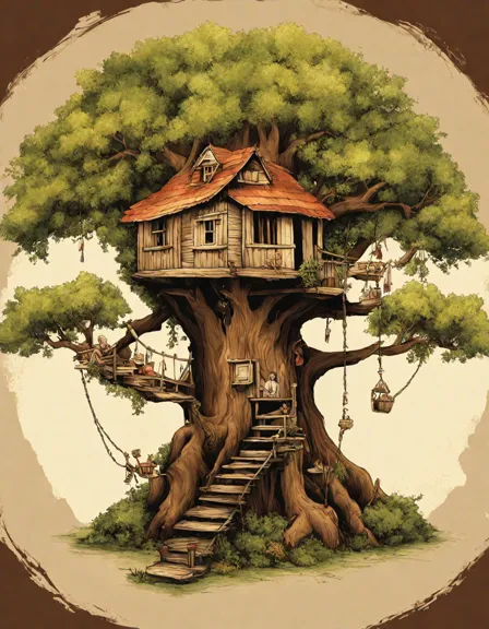 Coloring book image of mysterious treehouse in an oak tree with rope ladders and hidden treasures in color