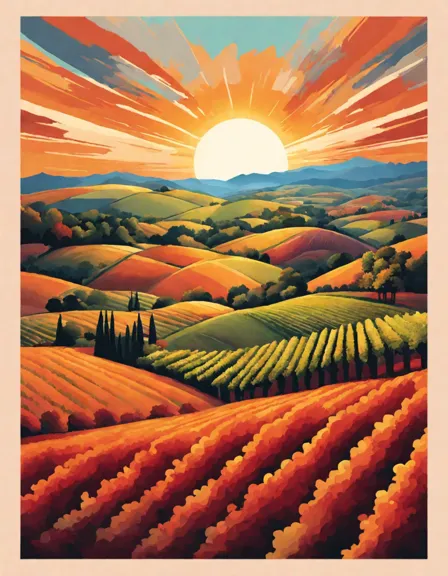 Coloring book image of peaceful autumn vineyard sunset with vibrant hues, rolling hills, and fiery sky in color