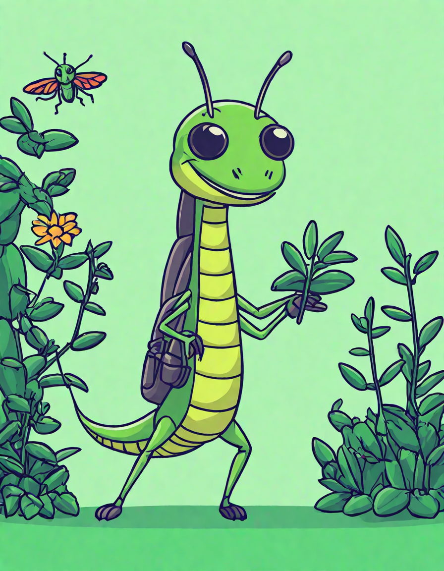 coloring book page of a camouflaged praying mantis hunting in a lush garden in color